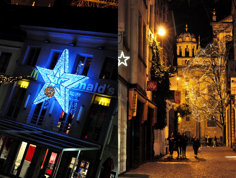 Po lewej: Groenplaats w Antwerpii; Po prawej: uliczka prowadząco do Kościoła Św. Karola Boromeusza