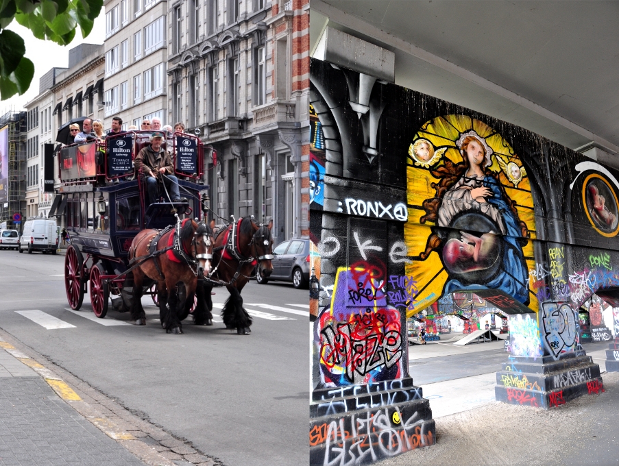 Po lewej: turystyczny dyliżans w Centrum - po prawej: graffitti w Antwerpen Noord