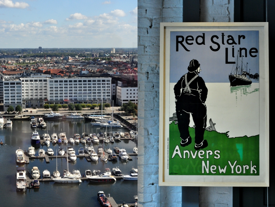 po lewej: Marina koło dawnego havenhuis Antwerpen; po prawej: plakat Red Star Line